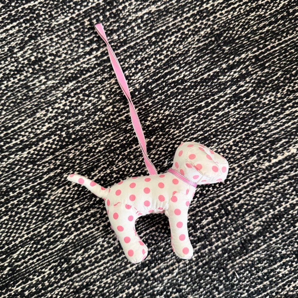 PINK Victoria's Secret White Plush Dog Ornament with Pink Polka Dots